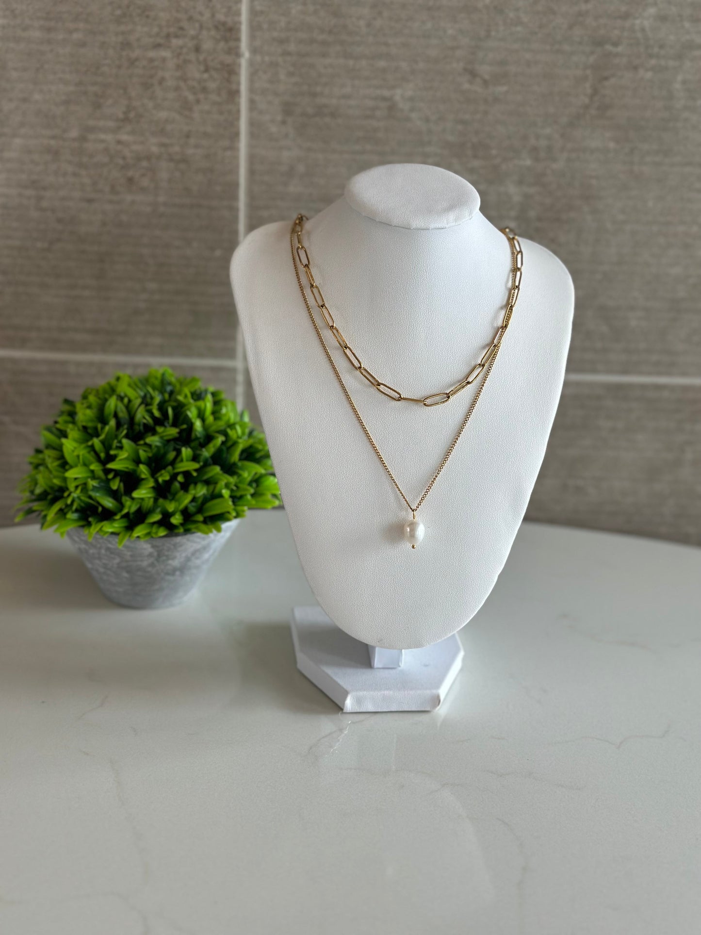 Double Layer with Fresh Water Pearl 18K Gold Plated Necklace Jewelry